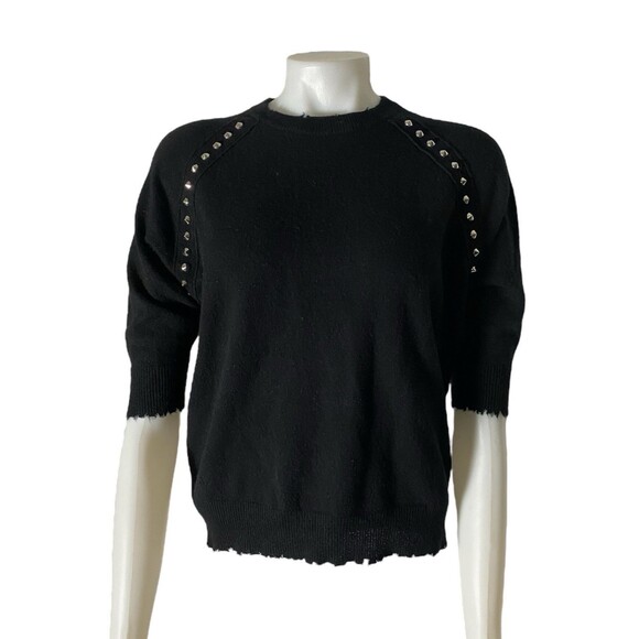 Zadig & Voltaire XS Black Cashmere Sweater Short Sleeves Silver Studs Oversized - Picture 1 of 6